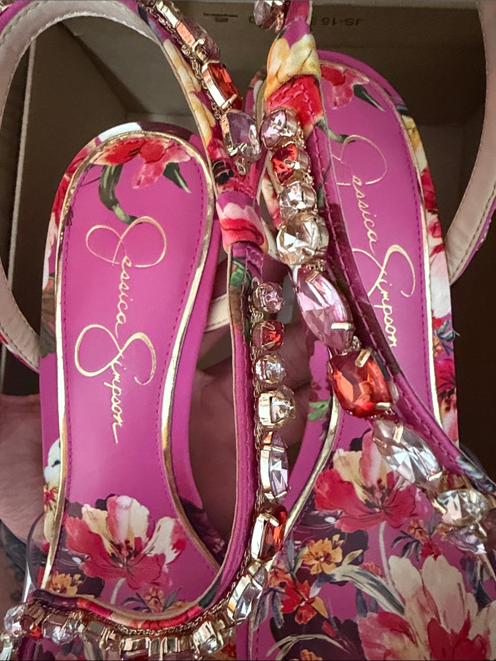 Pink Floral Crystal T-Strap Stiletto Sandals - Picture 3 of 11